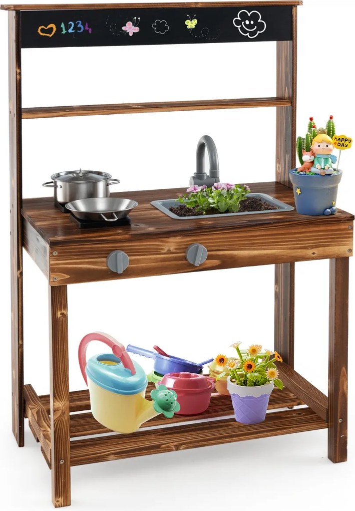 Costway Cucina all'aperto in legno di cedro per bambini, Cucina in legno di cedro con rubinetto girevole e lavandino rimovibile Naturale