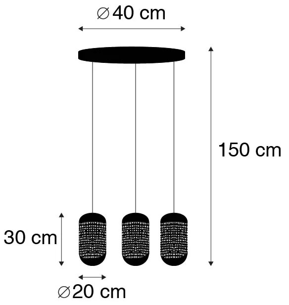 Lampadario vintage nero con ottone rotondo a 3 luci - Kayleigh