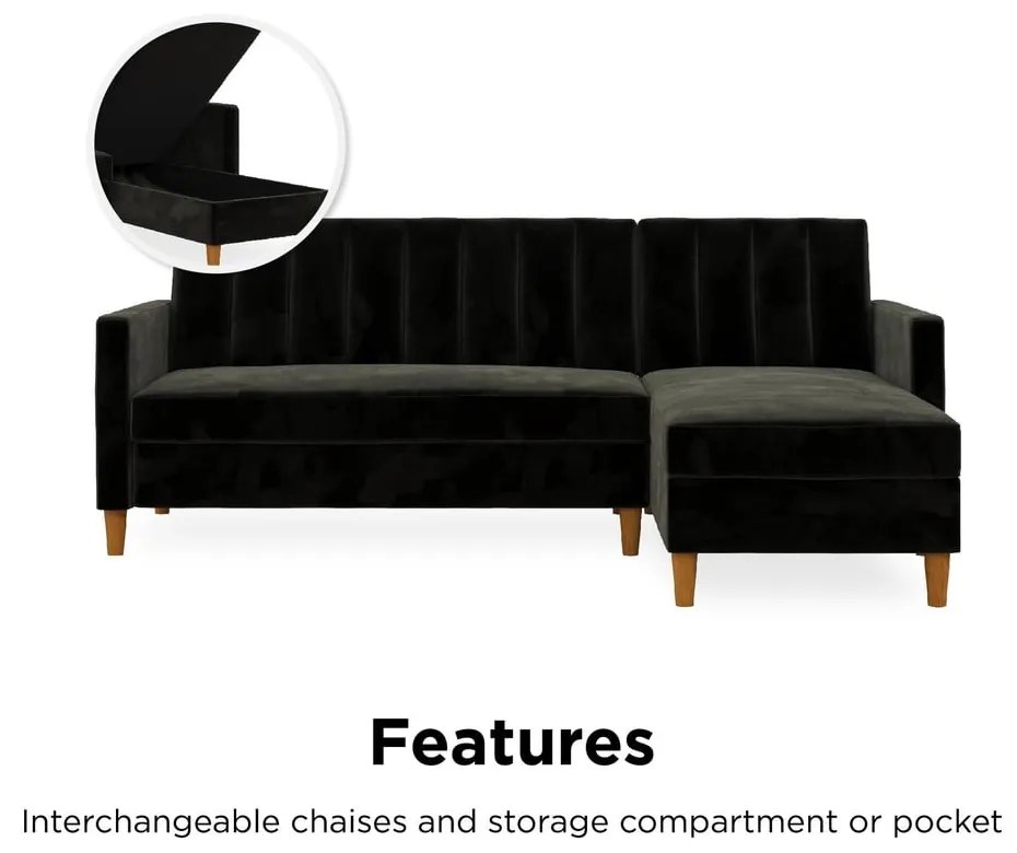 Divano letto variabile nero con superficie in velluto e vano portaoggetti Celine - Støraa