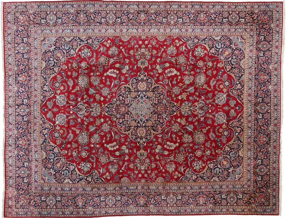 Kashan Tappeto 330x420 Blu (Iran) Annodato A Mano
