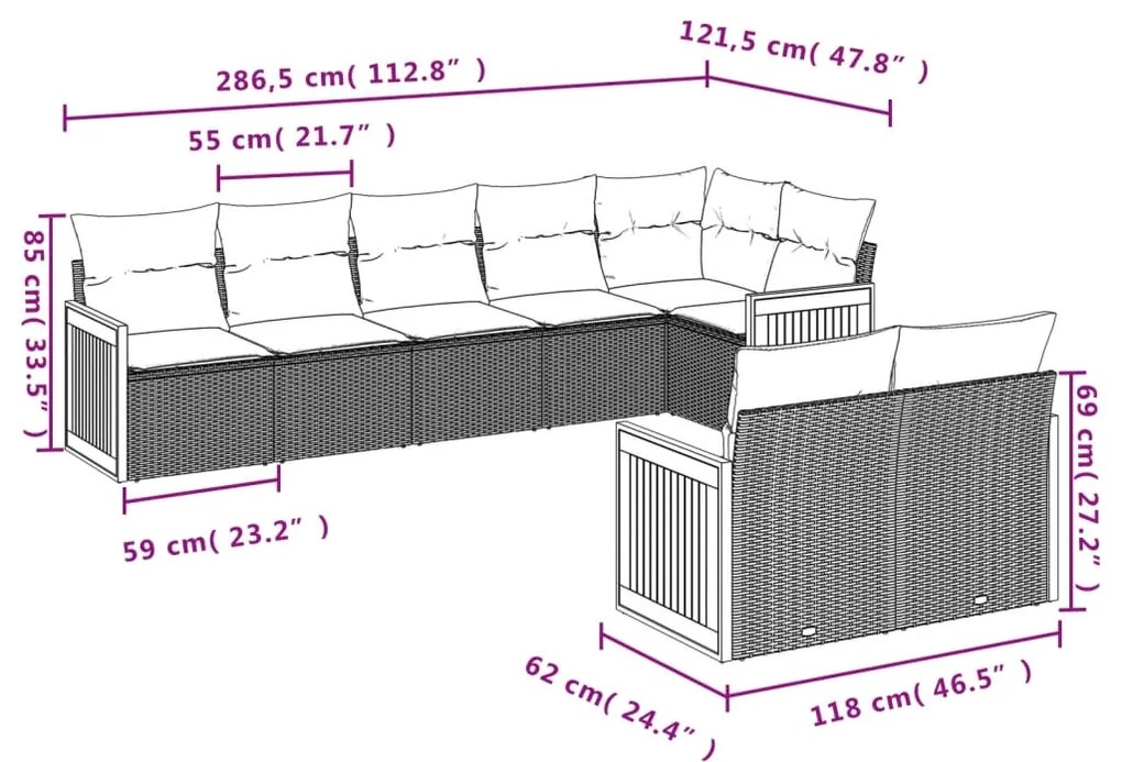 Set divani da giardino con cuscini 8 pz nero in polyrattan