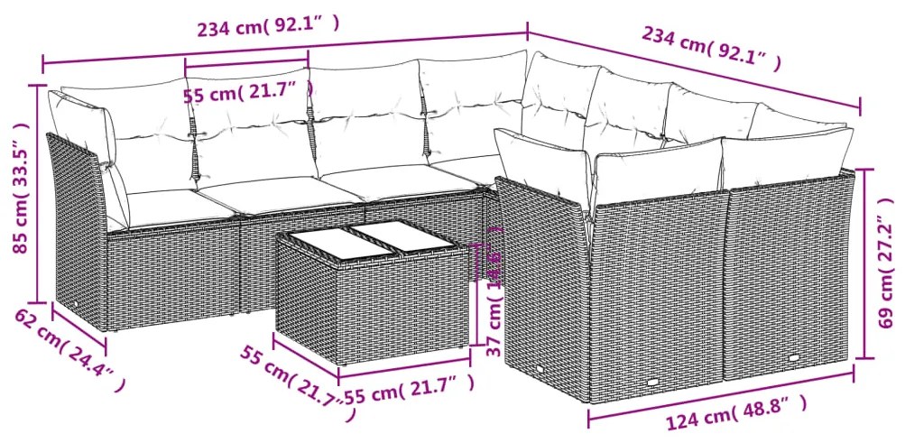 Set Divani da Giardino 9 pz con Cuscini Nero in Polyrattan