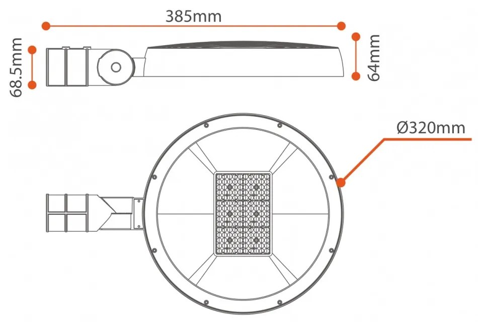 Lampione Stradale LED 40W, 147lm/W, IP65 Snodo Ø68mm Colore Bianco Caldo 3.000K