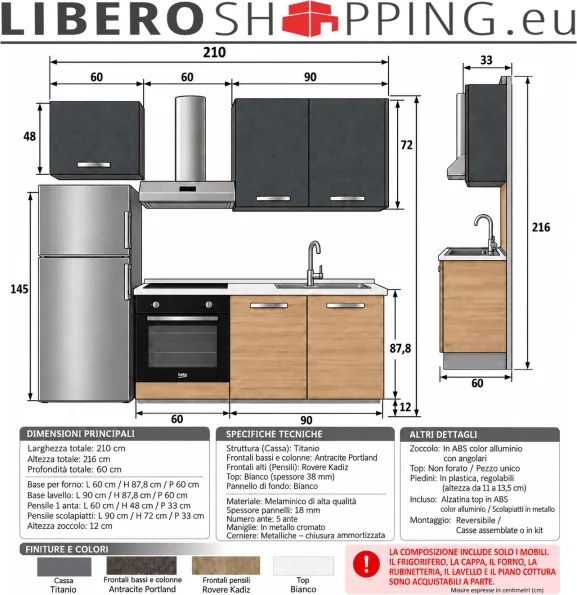 Cucina Modulare 210 cm Reversibile Rovere e Antracite