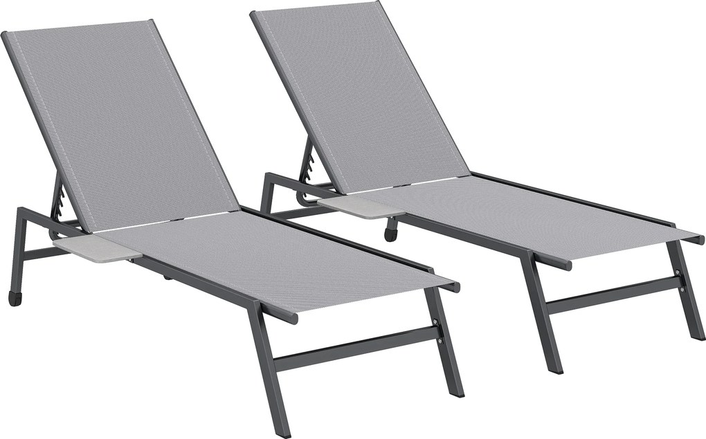 Set 2 Lettini Prendisole Regolabili in 5 Posizioni con Tavolino Laterale e 2 Ruote in Metallo e Poliestere Grigio...