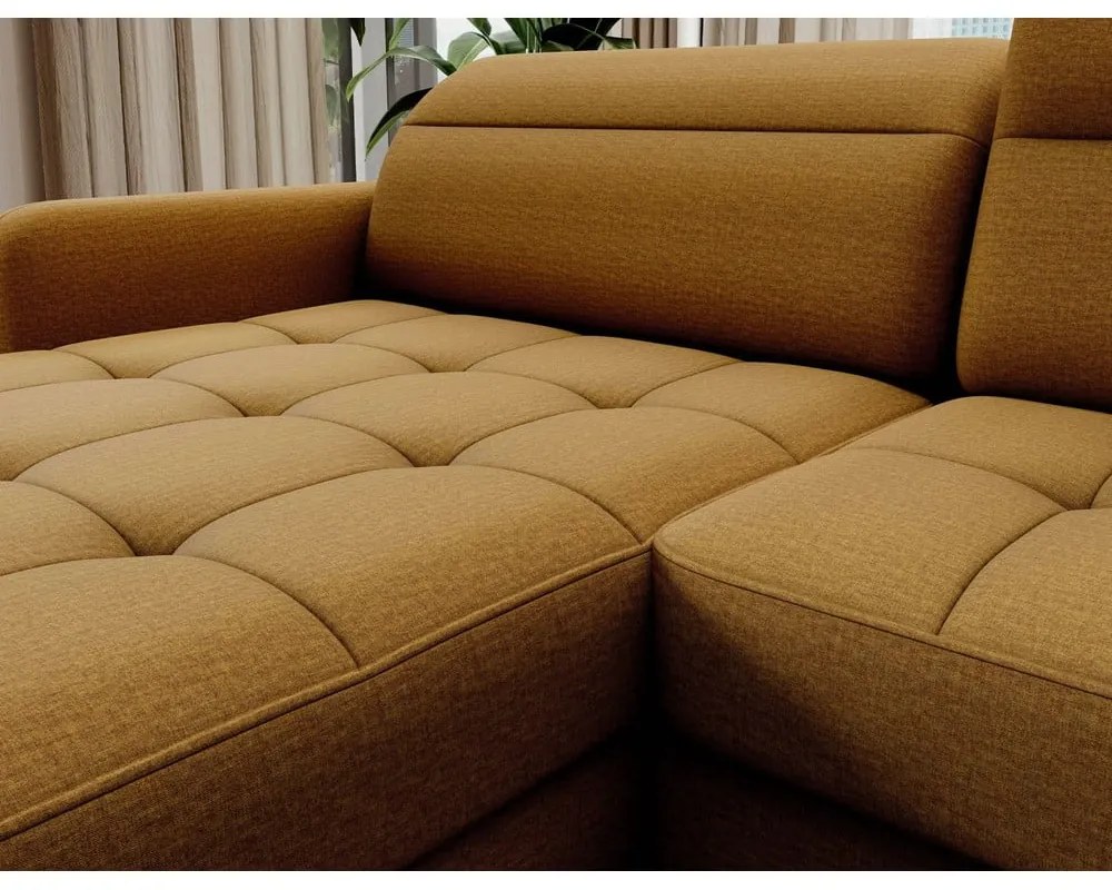 Divano angolare giallo allungabile/con contenitore (con penisola a destra/a U) e rivestimento in velluto Berrto – ELTAP