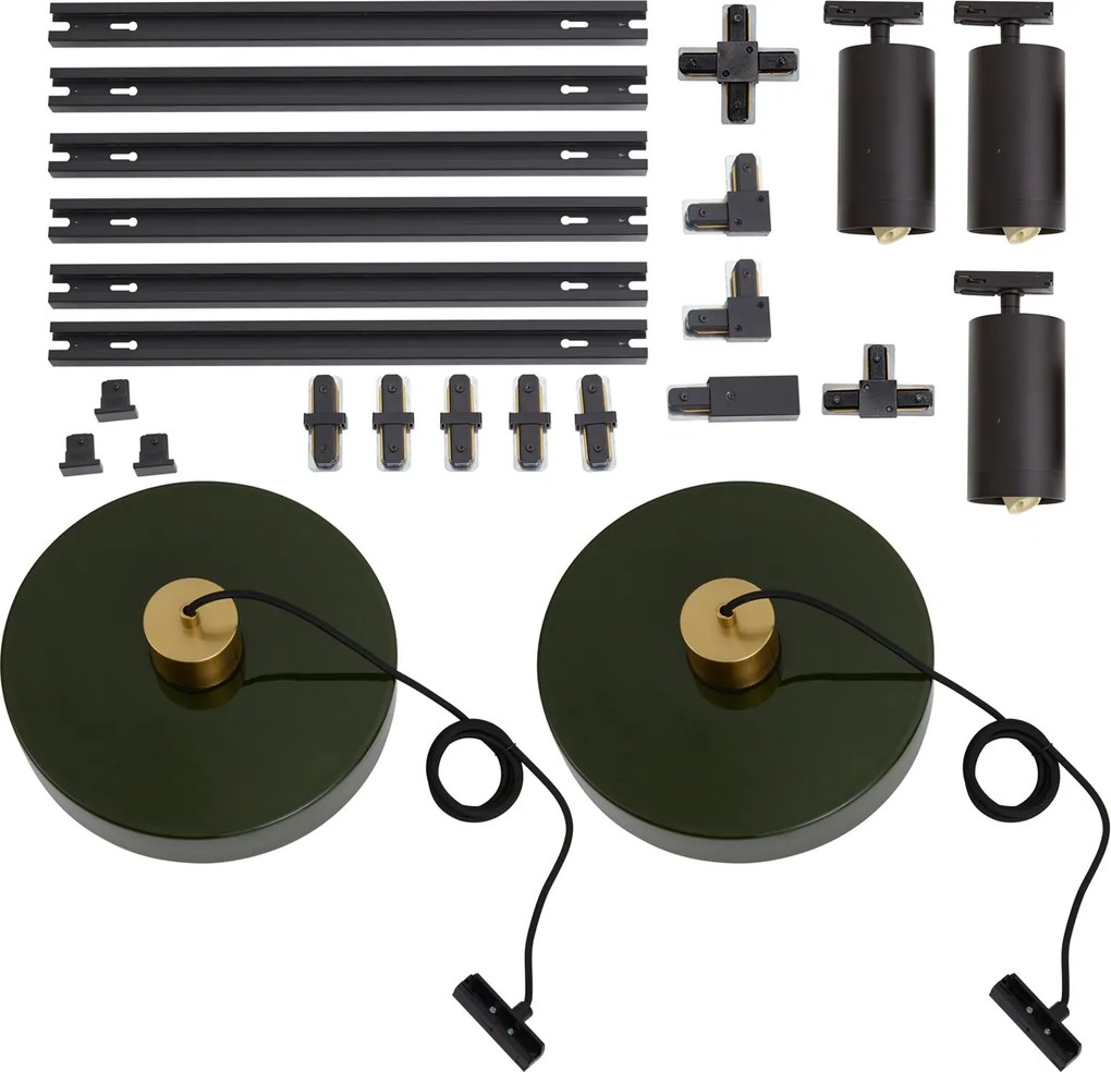 Sistema a binario moderno nero con 2 lampade a sospensione verdi e 3 faretti monofase - Iconic Jeana Luxe Jina