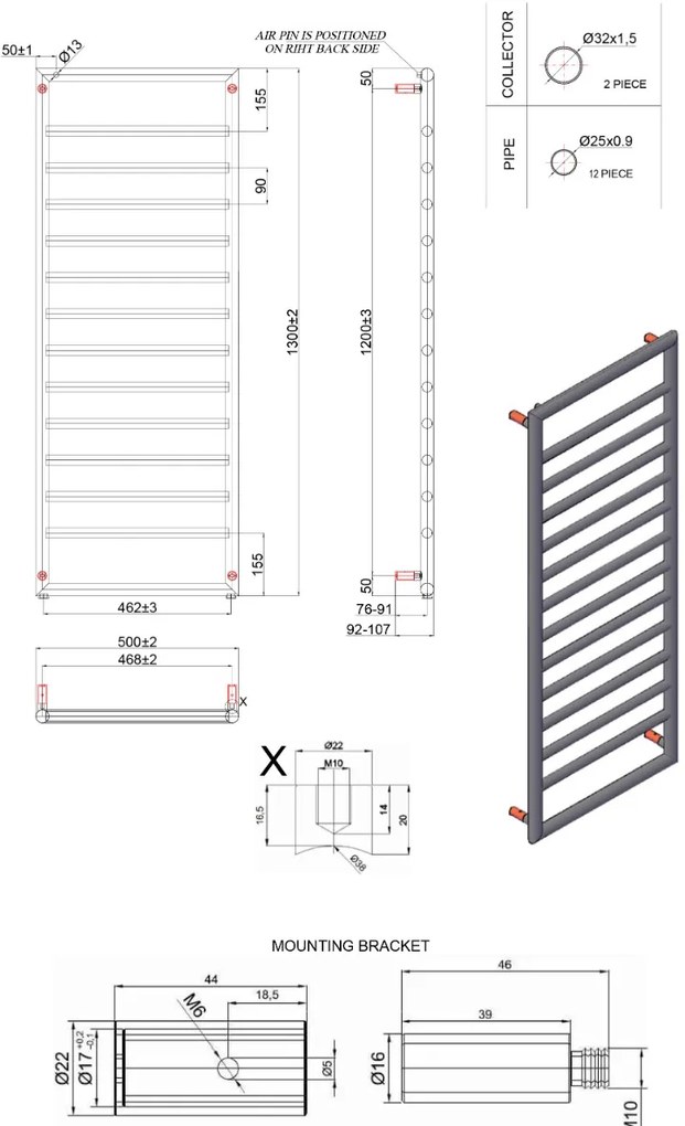 New Line R1 Radiatore Scaldasalviette 130x50 Cm 311w 14 Tubi Interasse 462 Mm In Ottone Cromo