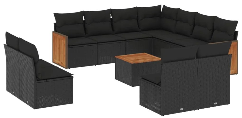 Set divani da giardino 12 pz con cuscini nero in polyrattan