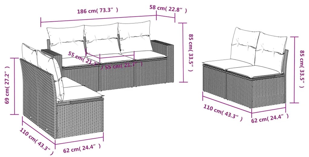 Set divani da giardino 7 pz con cuscini beige in polyrattan