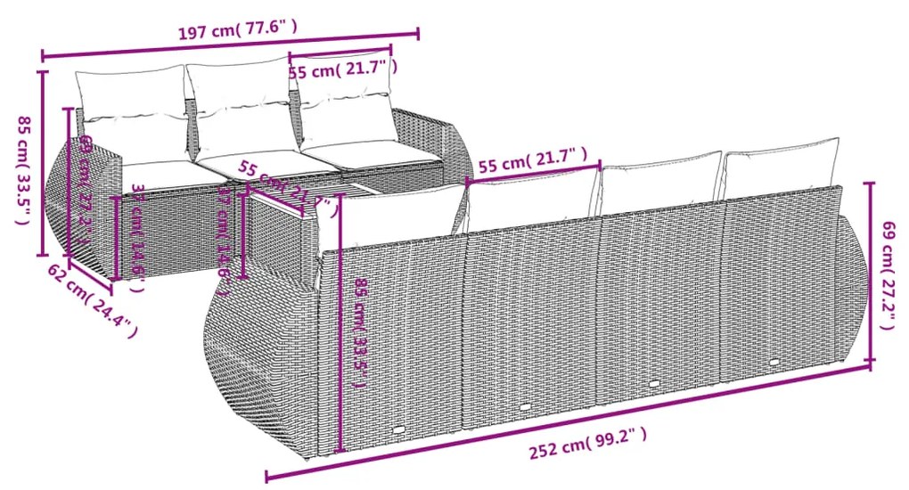 Set divani da giardino con cuscini 8 pz nero in polyrattan