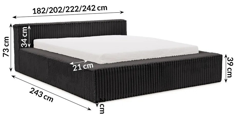 Letto matrimoniale imbottito nero con contenitore e rete inclusi 200x200 cm Cloe – Ropez