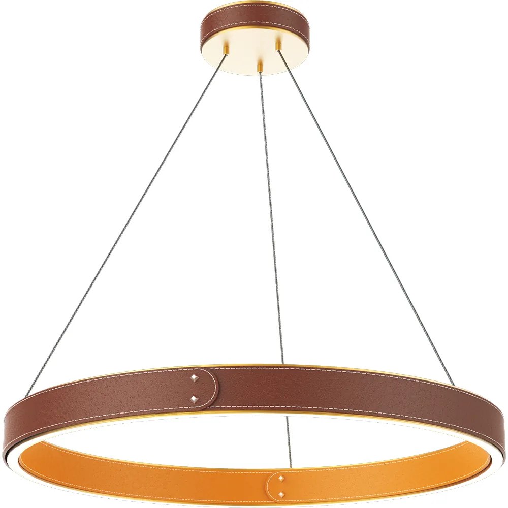 Lampadario Moderno Leather Milan Cerchio Alluminio Pelle Oro E Marrone Led 49,4W