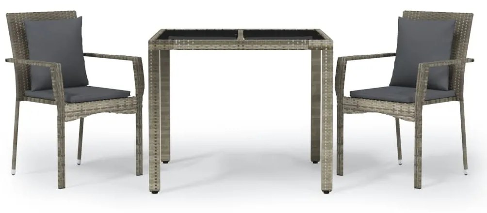 Set da Pranzo da Giardino 3 pz con Cuscini in Polyrattan Grigio