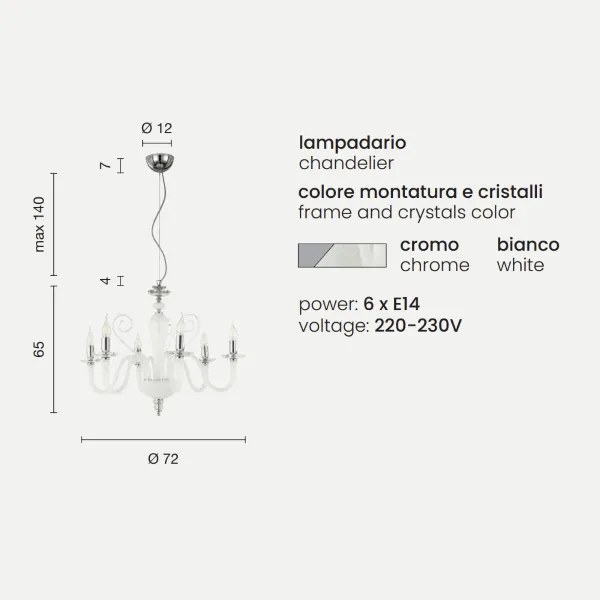 Lampada a sospensione DEBUSSY in vetro lavorato a mano D72 cm bianco satinato 6 LUCI