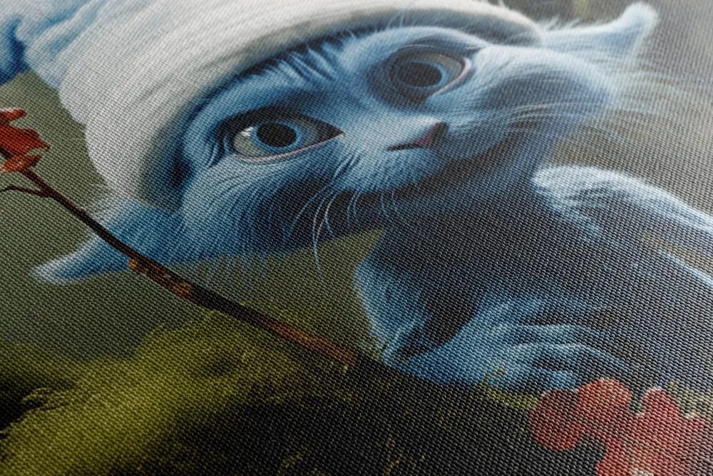 Stampa su tela – Gatto blu con cappello bianco nella foresta