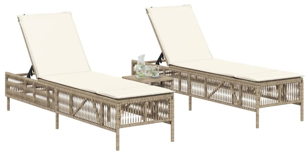 Lettini prendisole 2 pz con tavolino beige in polyrattan