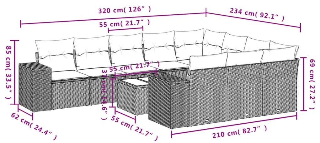 Set Divani da Giardino 11 pz con Cuscini in Polyrattan Nero