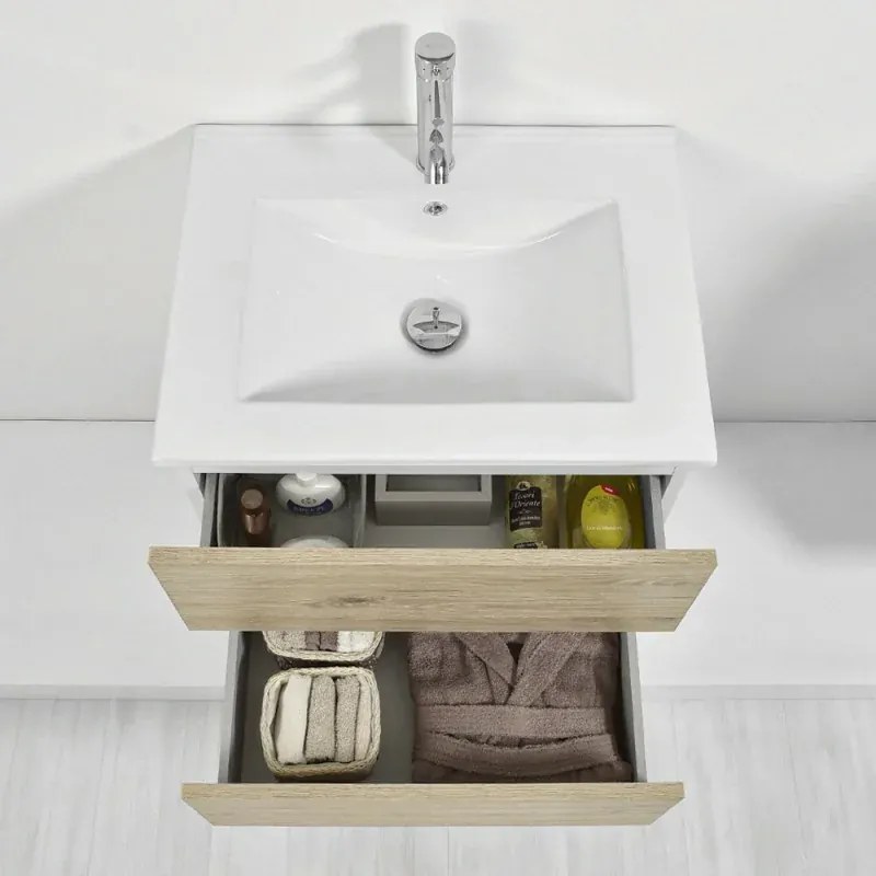 Mobile bagno sospeso 60 cm Duble rovere africa con lavabo e specchio
