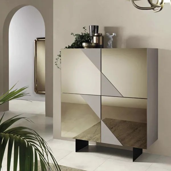 Madia credenza 4 ante in vetro specchio Bronzo e cassa Tortora ARTE 120 con 2 piedini