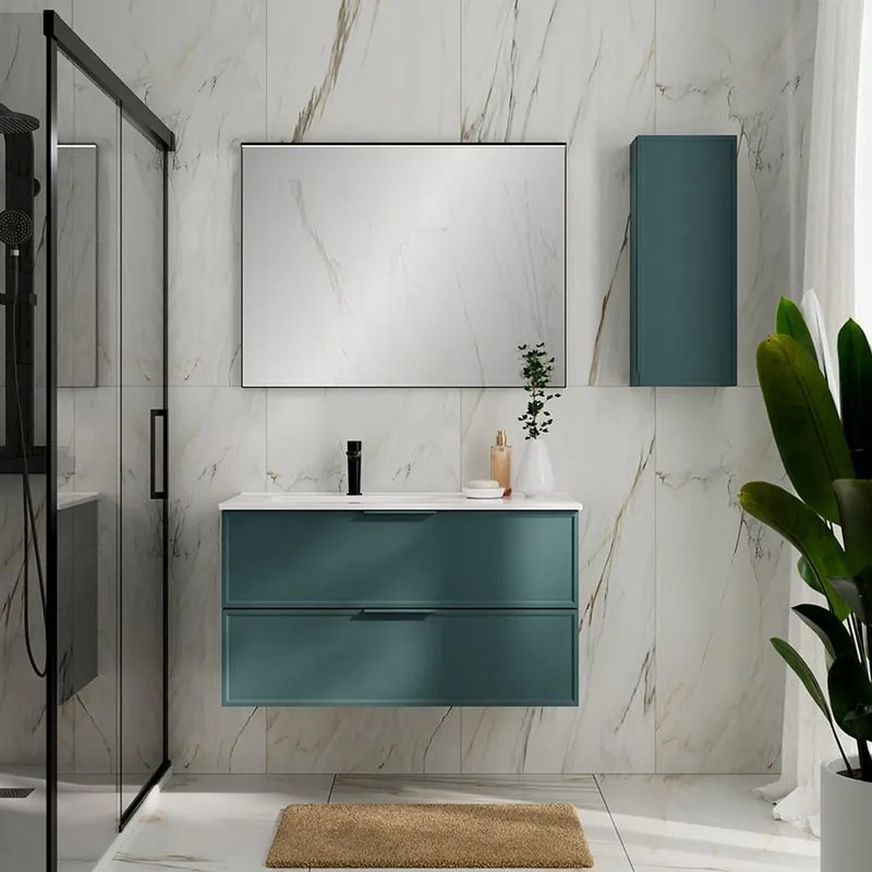 Mobile Quadra L100 H55 P45 mirto opaco laccato con lavabo in ceramica vasca SX base con 2 cassetti a chiusura ammortizzata