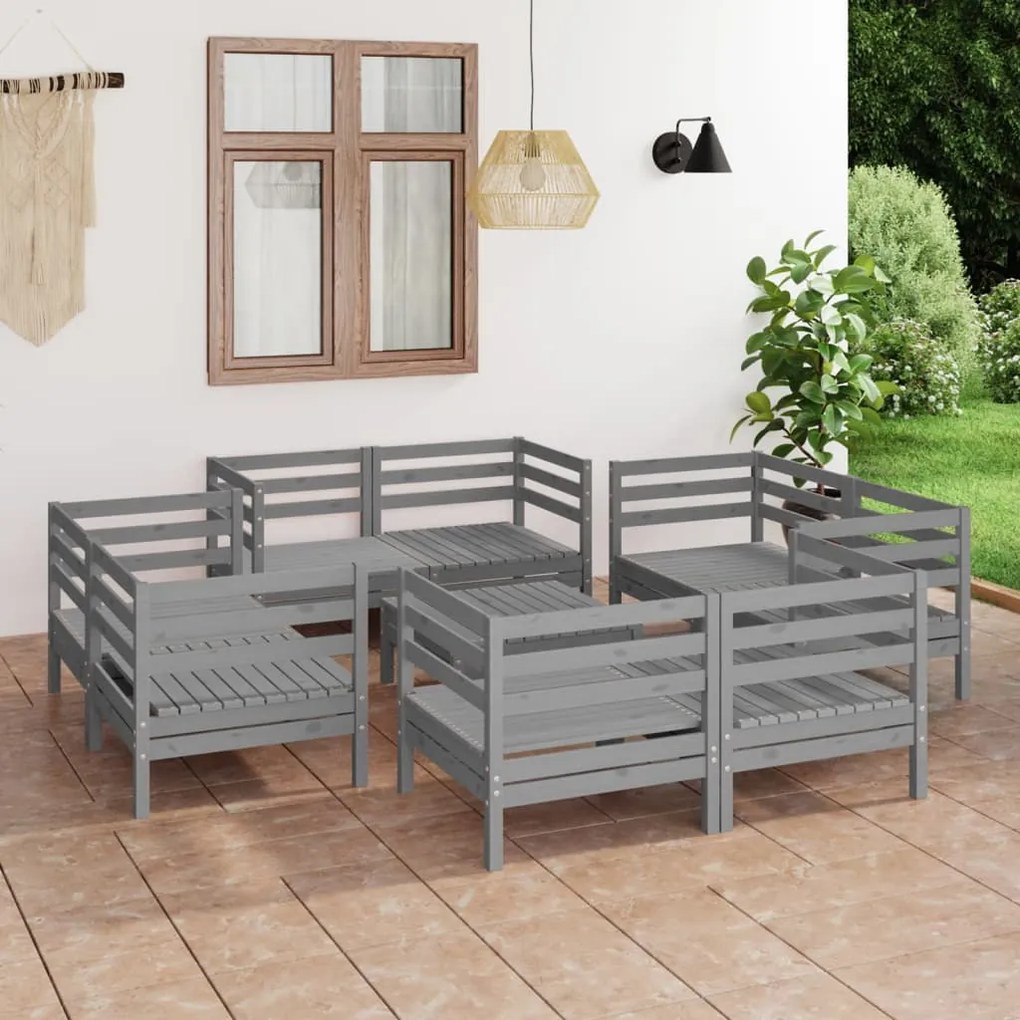 Set Divani da Giardino 9 pz Grigio in Legno Massello di Pino