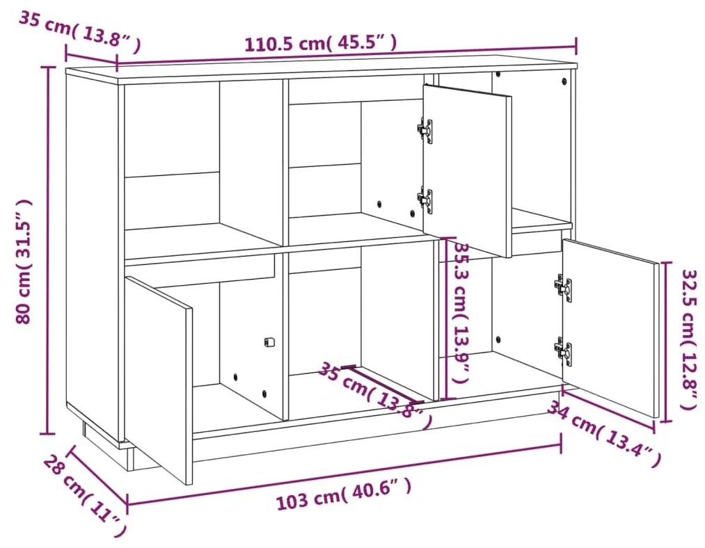 Credenza Miele 110,5x35x80 cm in Legno Massello di Pino