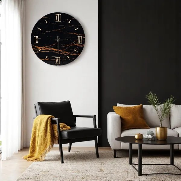 Orologio rotondo D65 cm in vetro temperato effetto marmo Nero - TOHE