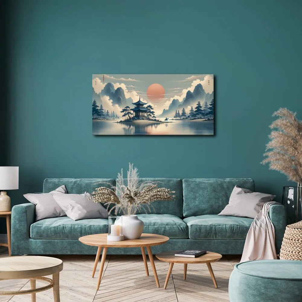 Quadro su tela – Cavaliere vicino a pagoda tra le montagne