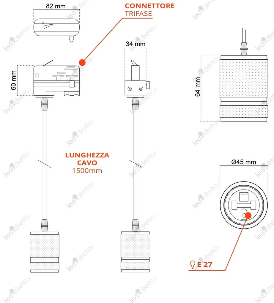 Lampada a Sospensione E27 per Binario Trifase - Nera