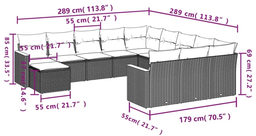 Set Divano da Giardino 12 pz con Cuscini Beige Misto Polyrattan