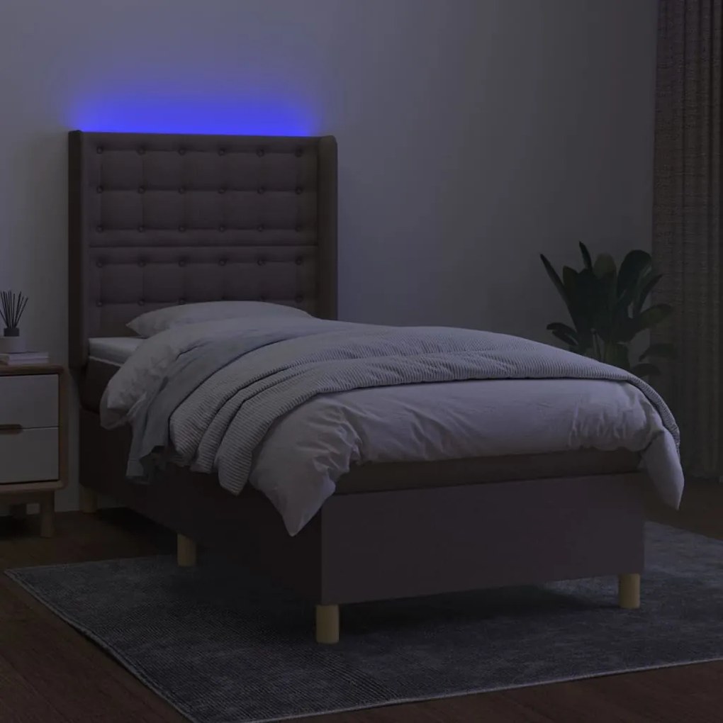 Letto a molle con materasso e led tortora 90x200 cm in tessuto