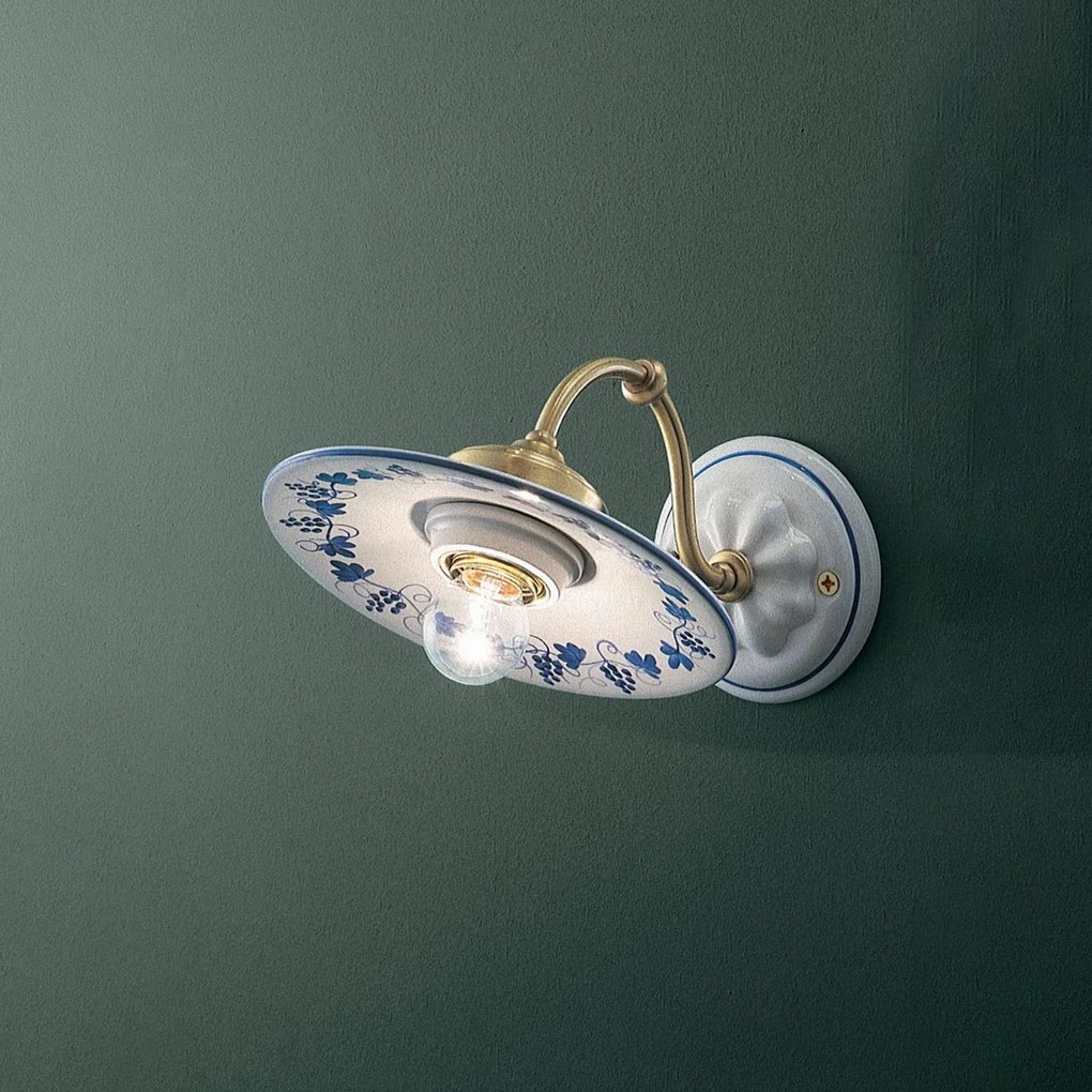 Applique Classica Asti Ceramica E Ottone Satinato Decorato Filo Blu 1 Luce E27