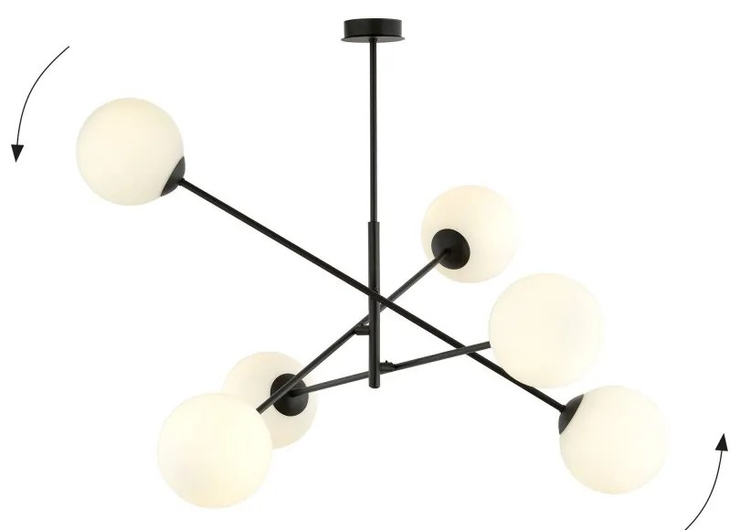 Lampadario da Soffitto in Acciaio e Vetro LINEAR 6 Nero 6xE14 Colore delle Sfere Bianco