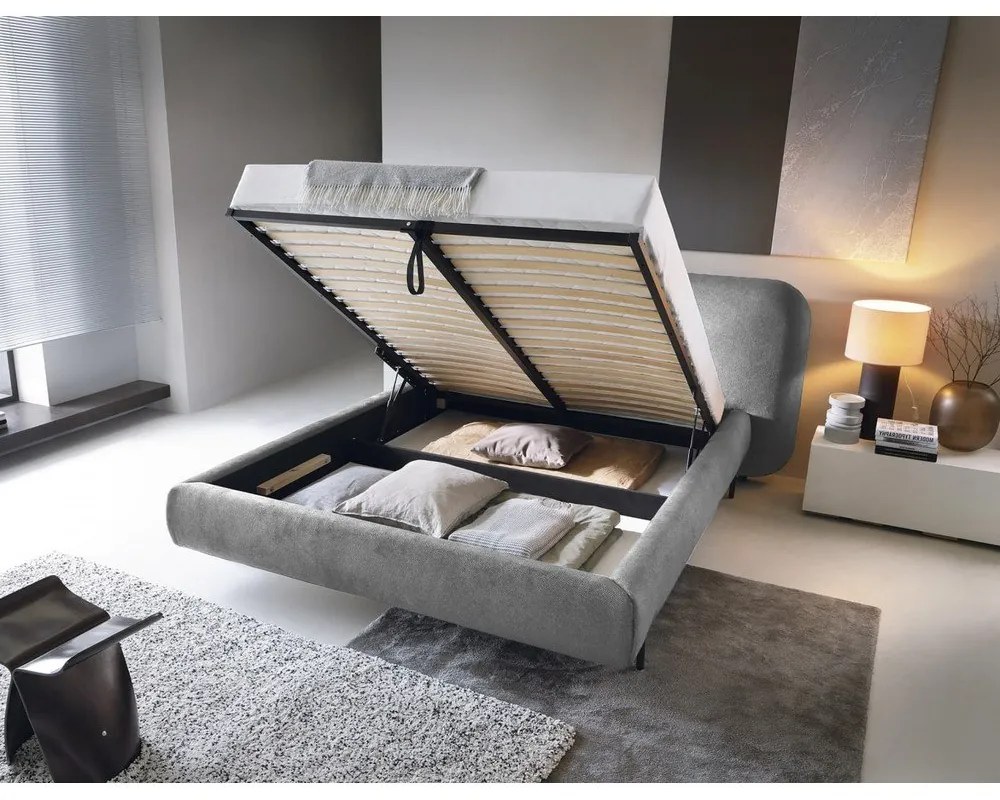 Letto matrimoniale imbottito grigio con contenitore e rete inclusi 140x200 cm Pointt – ELTAP