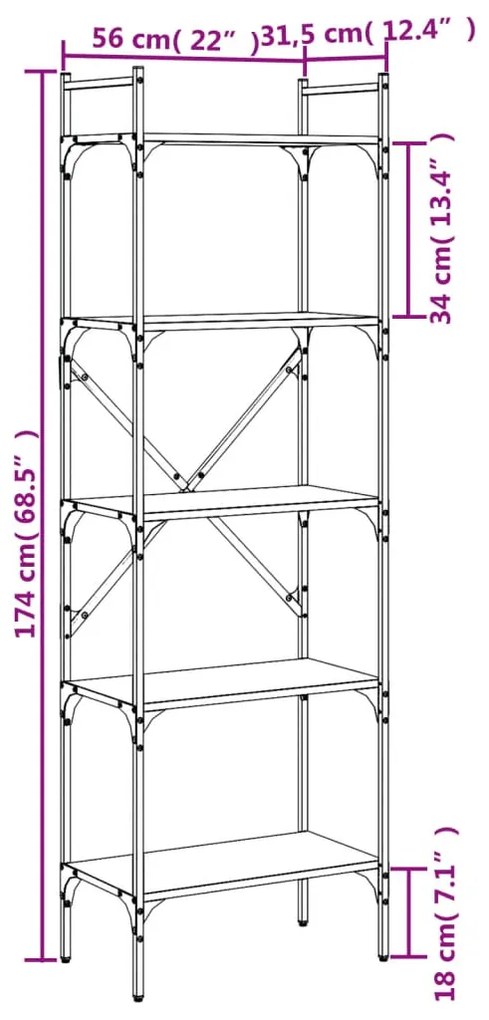 Libreria Nera 5 Ripiani 56x31,5x174 cm Legno Multistrato