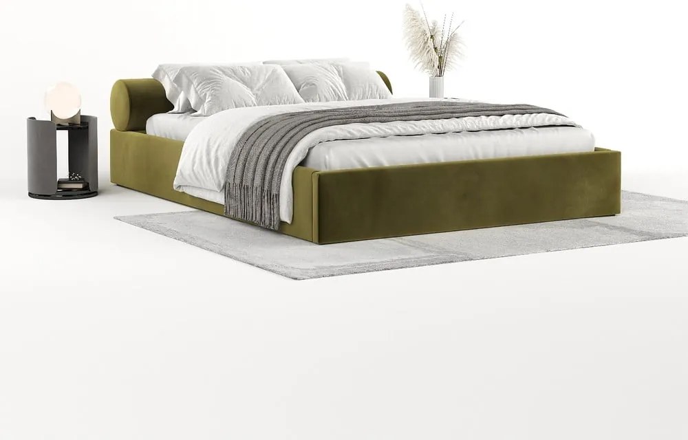 Letto matrimoniale imbottito verde scuro con contenitore e rete inclusi 200x200 cm Solvo – Maison de Rêve
