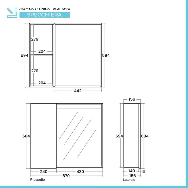 Specchio contenitore 67x60 cm bianco con LED e ripiani interni