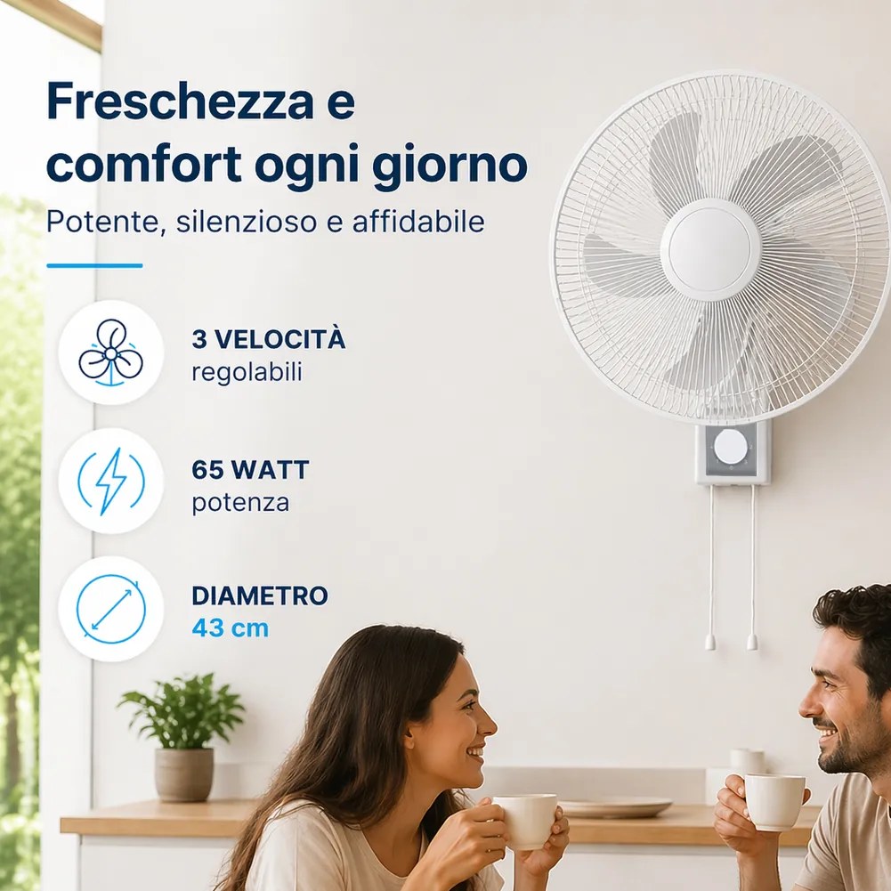 Ventilatore da Muro Ø43 cm 65W Raffrescatore Silenzioso 3 Velocità a Parete Bianco...