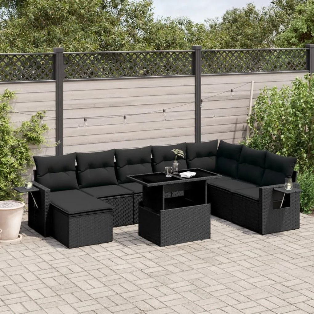 Set divani da giardino con cuscini 8 pz nero in polyrattan