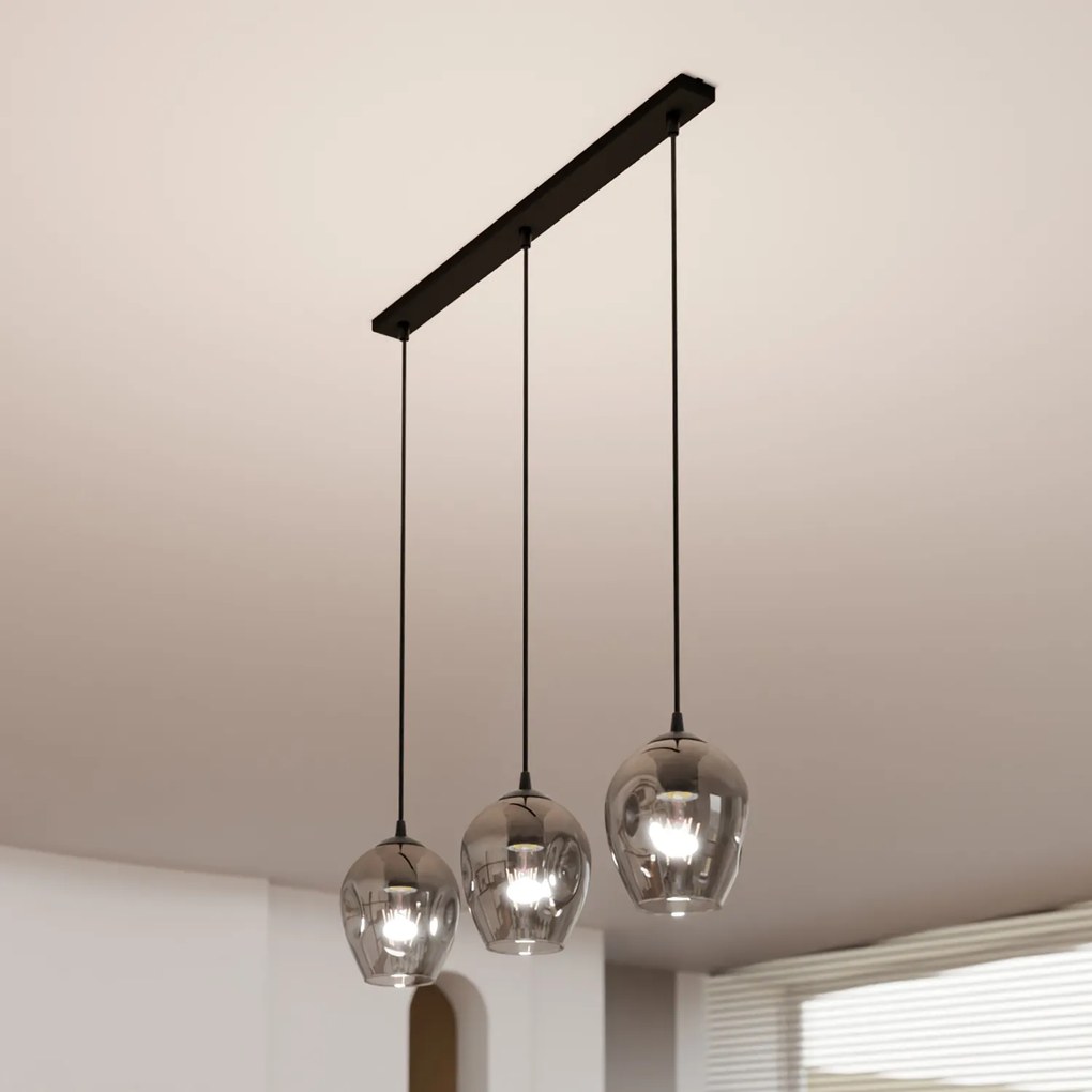 Lampadario 3 Luci Fuxi In Acciaio Nero E Vetri Fumè