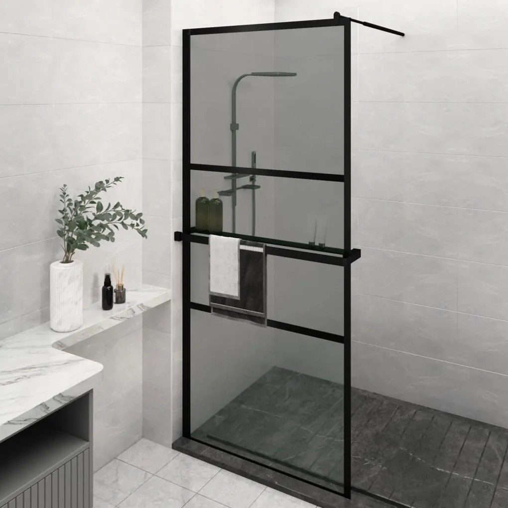 Parete Doccia Con Mensola Nera 100x195 Cm Vetro Esg E Alluminio /