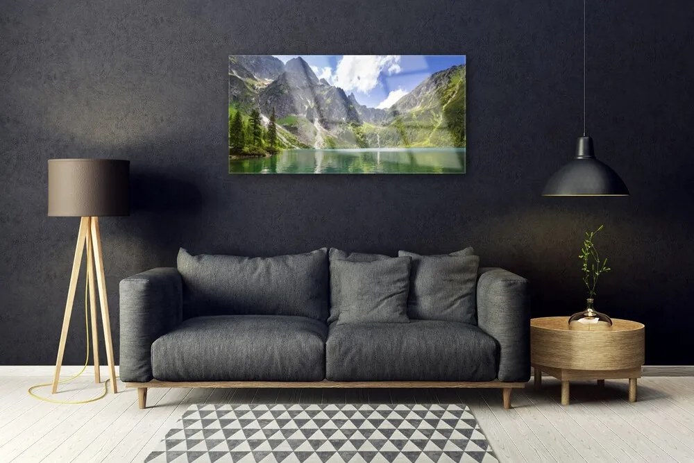 Quadro su vetro Paesaggio del lago di montagna 100x50 cm 2 appendini