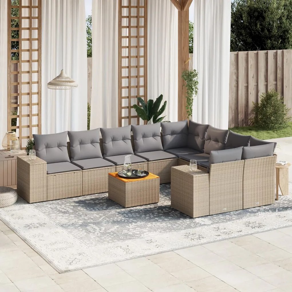 Set divano da giardino 10 pz con cuscini beige in polyrattan