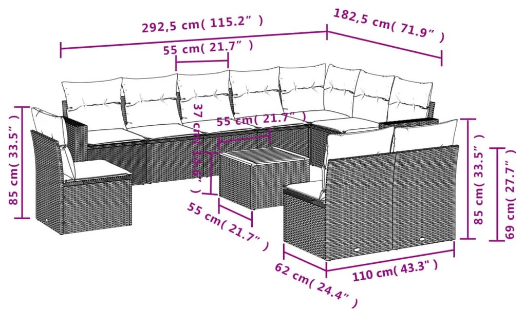 Set divani da giardino 11 pz con cuscini beige in polyrattan