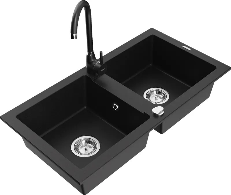 Mexen Mario lavello in granito a 2 vasche con rubinetto da cucina Telma, nero - 6504-77-670200-70
