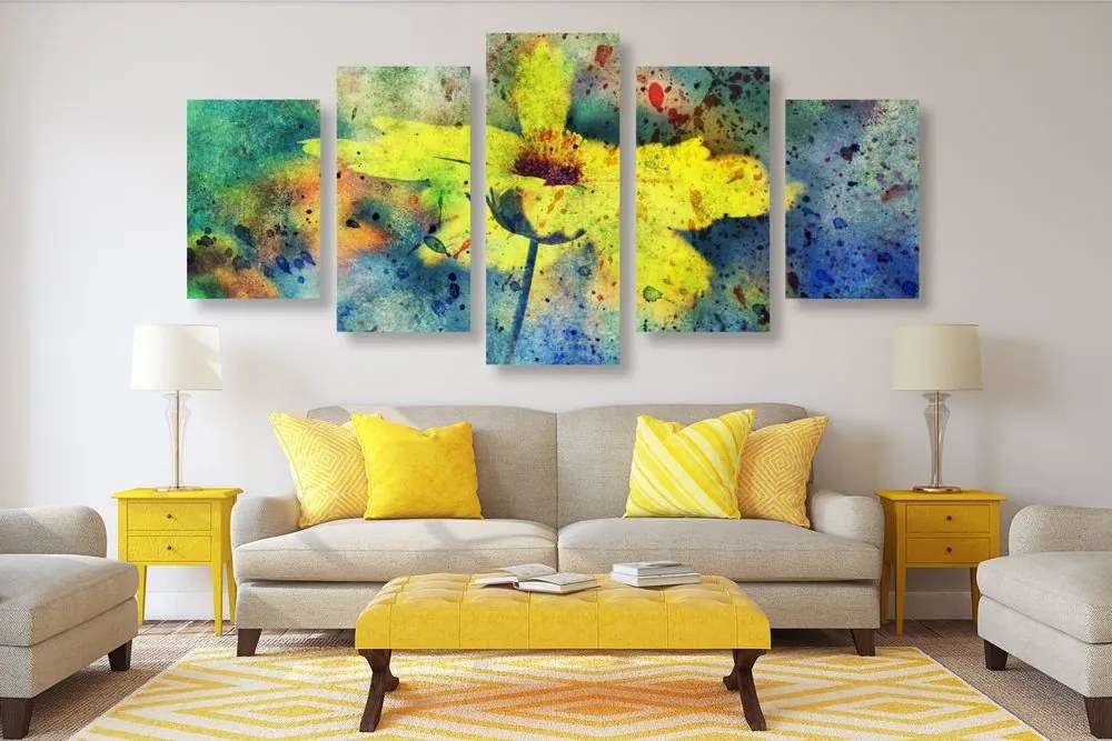 Quadri 5 pezzi – Fiore giallo con tocco vintage