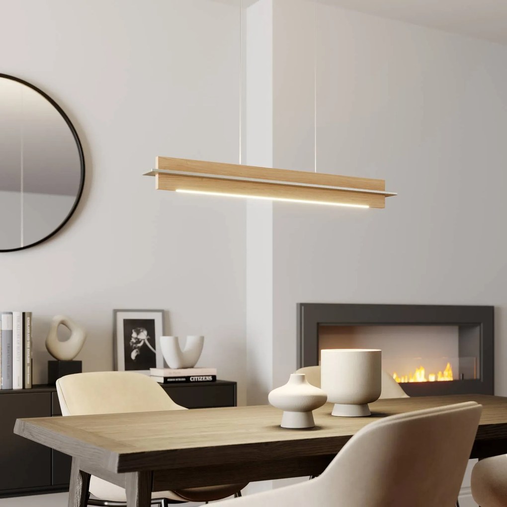 Quitani Lampada LED a sospensione Lexa, rovere/nichel, lunghezza 78 cm