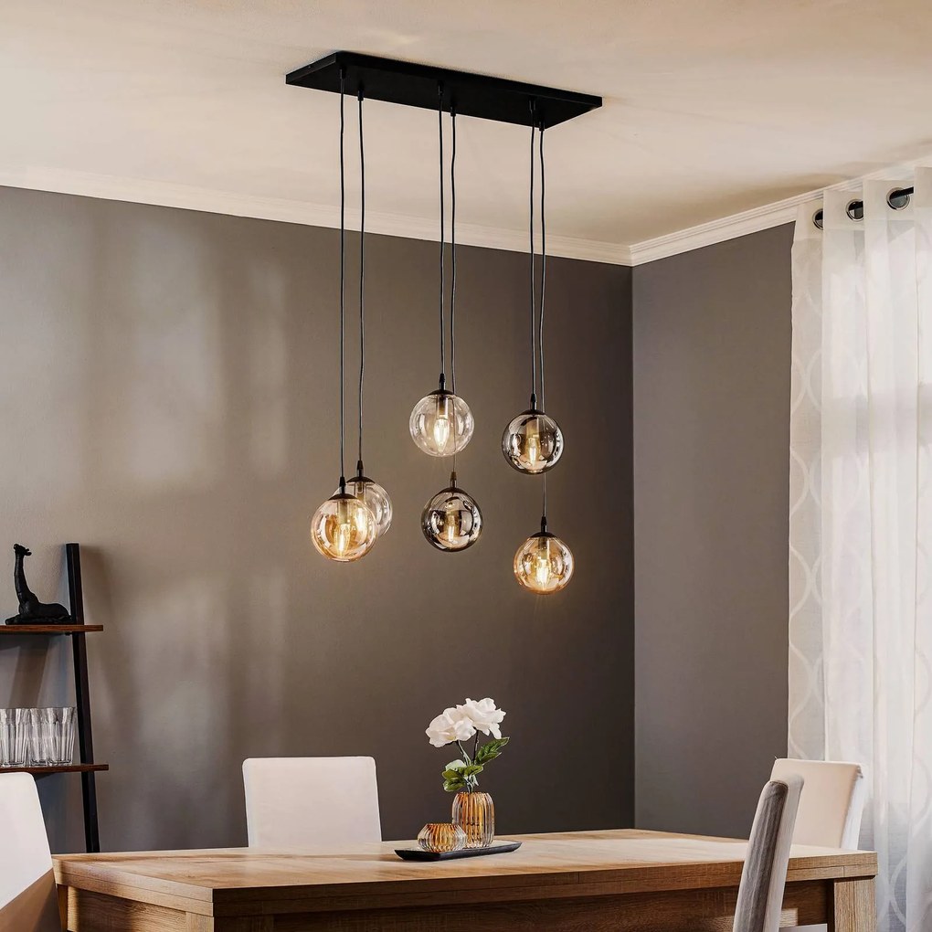 EMIBIG LIGHTING Lampada a sospensione Glassy, a 6 luci, grafite/ambra/trasparente, vetro, 75 cm