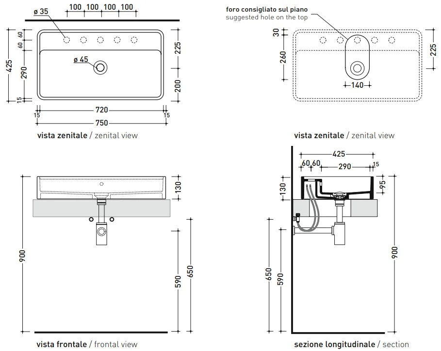 Ceramica Flaminia MINIWASH 75 lavabo da appoggio con piano rubinetteria senza piletta in ceramica bianco